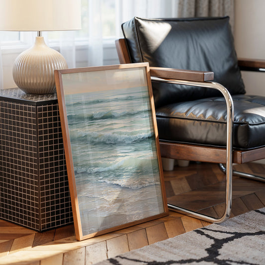 Seafoam Rhythms Against Wooden Frame