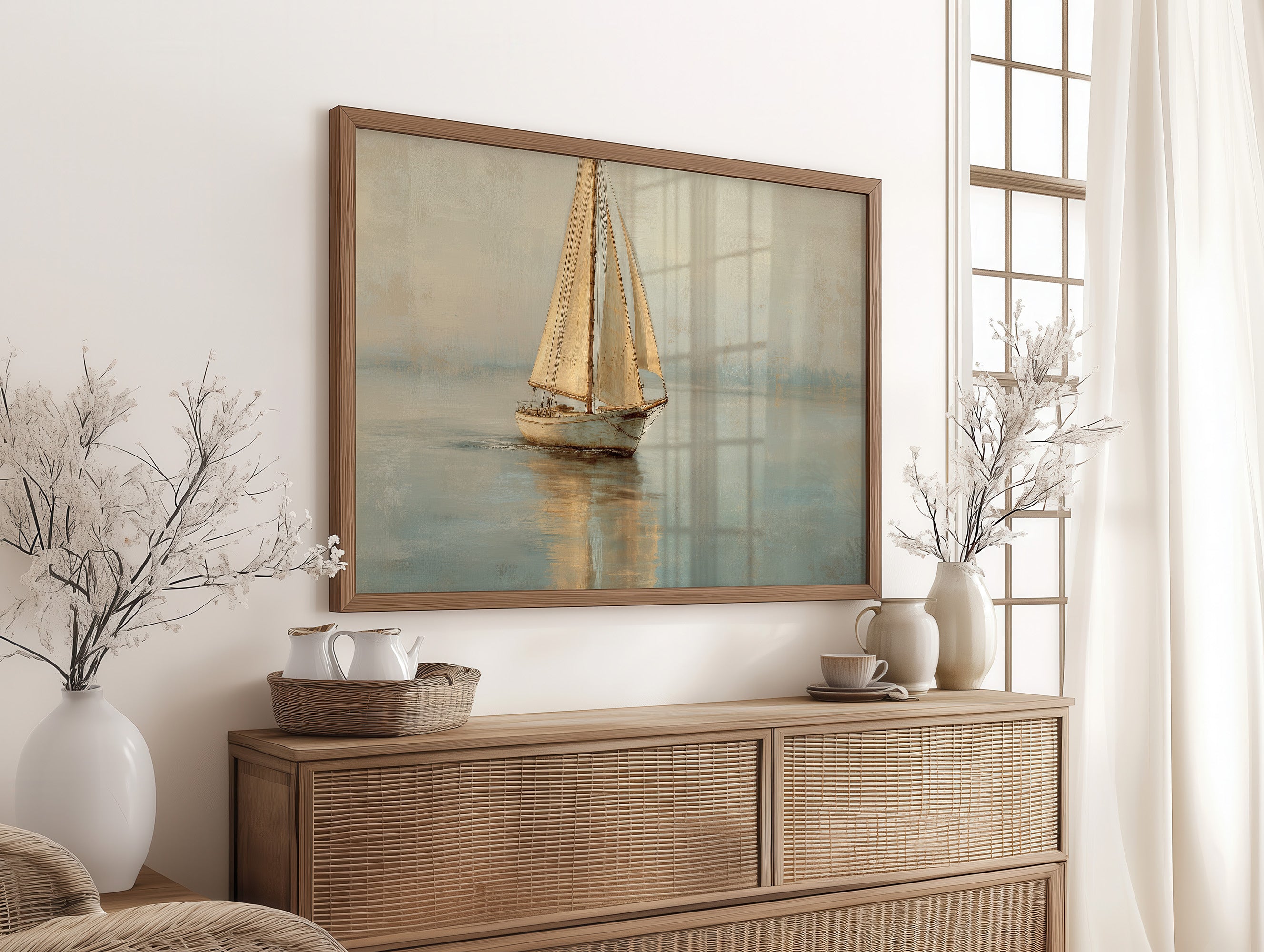 Sailboat Drifts Through Morning Mist