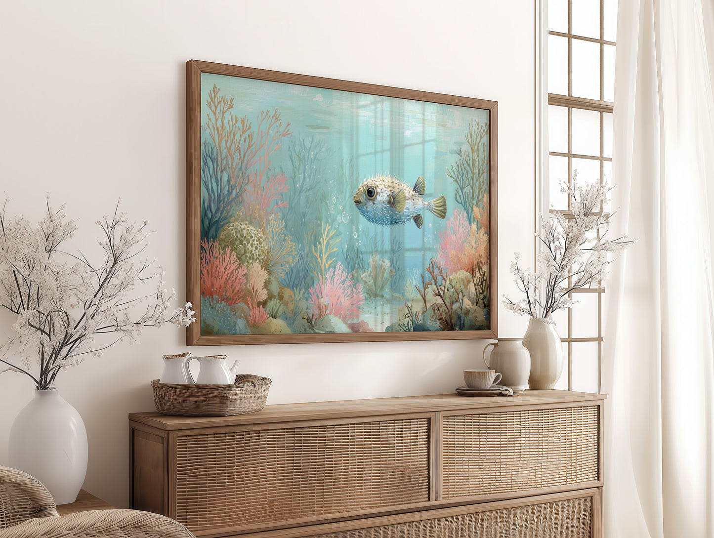 Pufferfish Drifts Through Coral Symphony