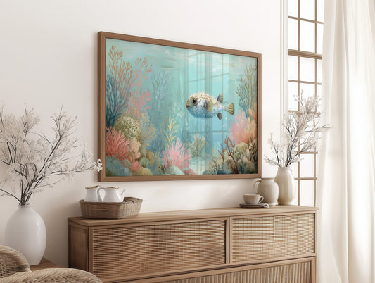 Pufferfish Drifts Through Coral Symphony