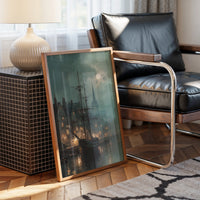 Harbor Lights Below Foggy Moon