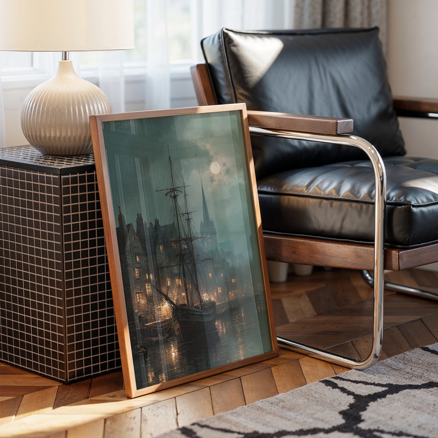 Harbor Lights Below Foggy Moon