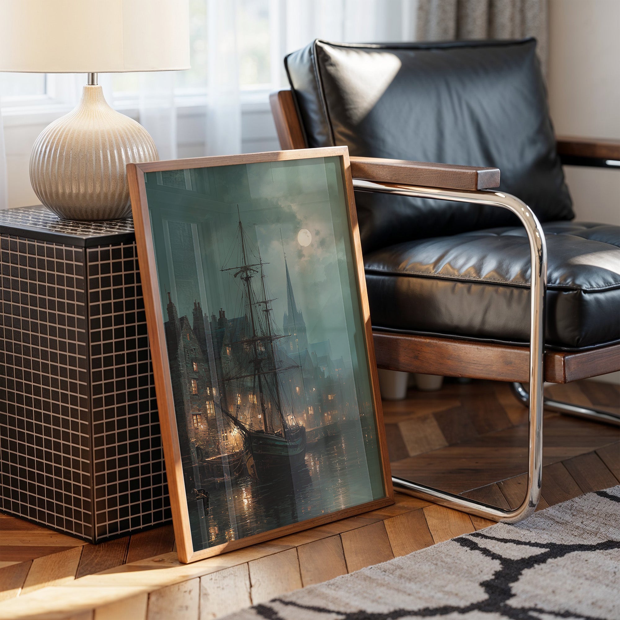 Harbor Lights Below Foggy Moon