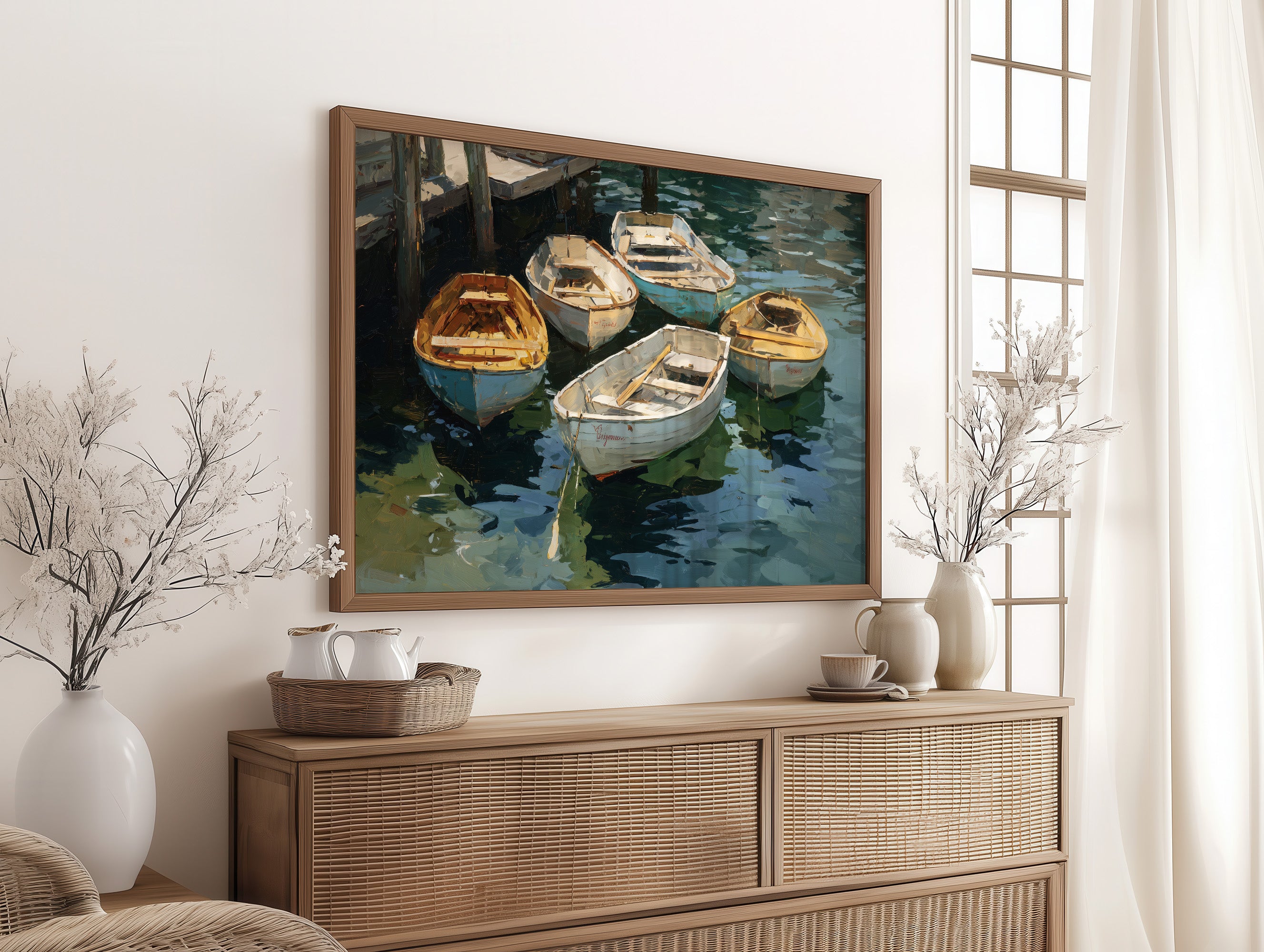 Boats Rest In Harbor Blue