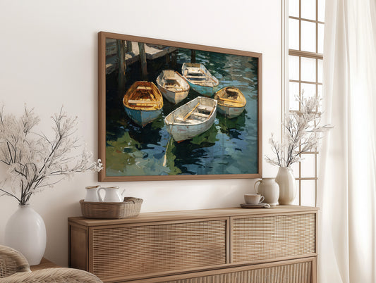 Boats Rest In Harbor Blue