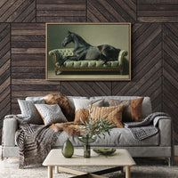 Aristocratic Repose: Ebony Stallion on a Mint Couch