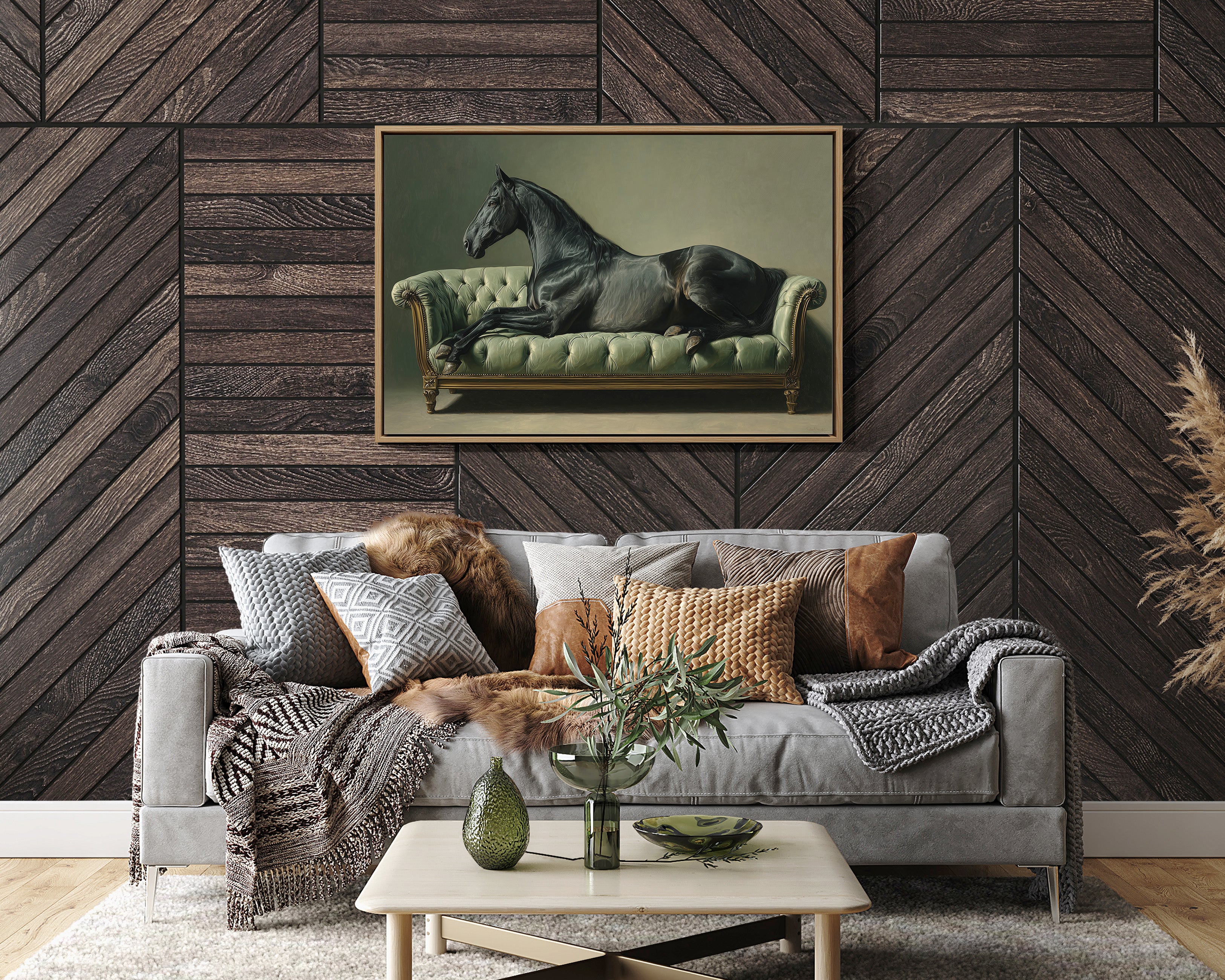 Aristocratic Repose: Ebony Stallion on a Mint Couch
