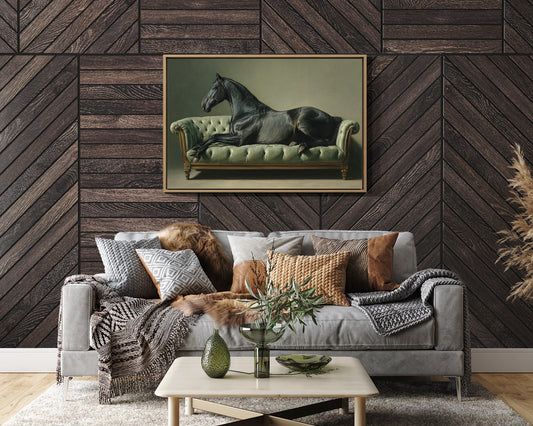 Aristocratic Repose: Ebony Stallion on a Mint Couch