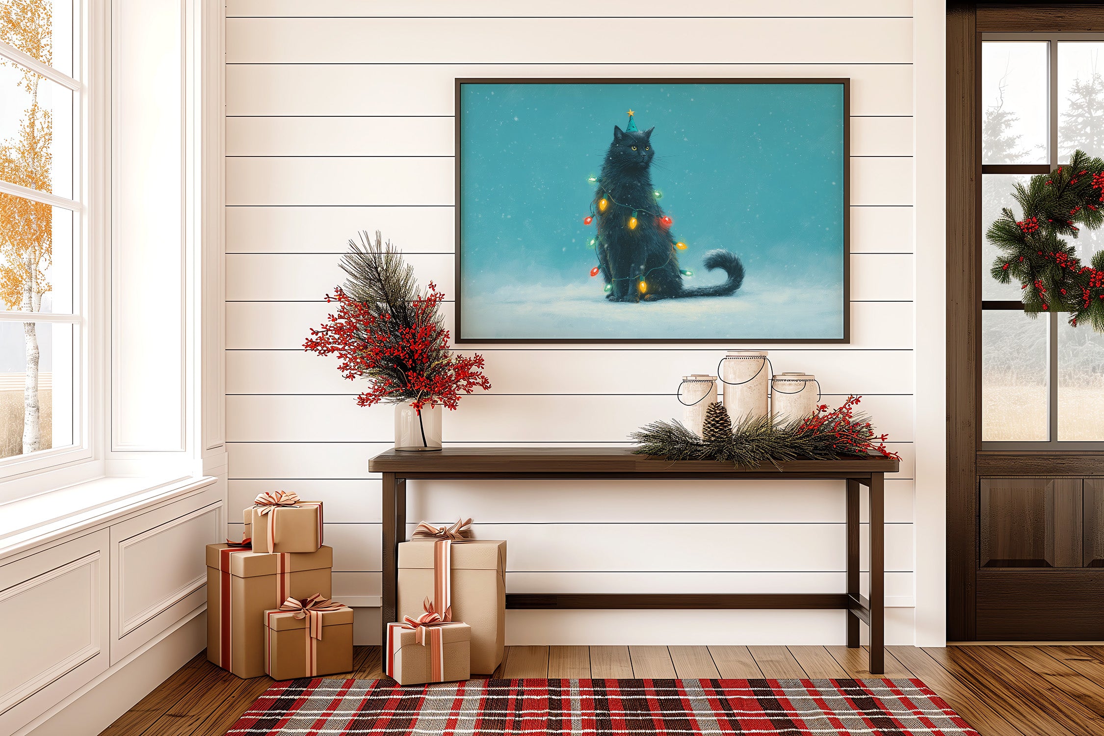 Festive Feline Adorned in Holiday Glow