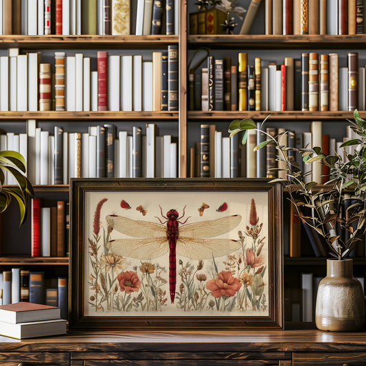 Crimson Messenger Through Wildflower Meadow