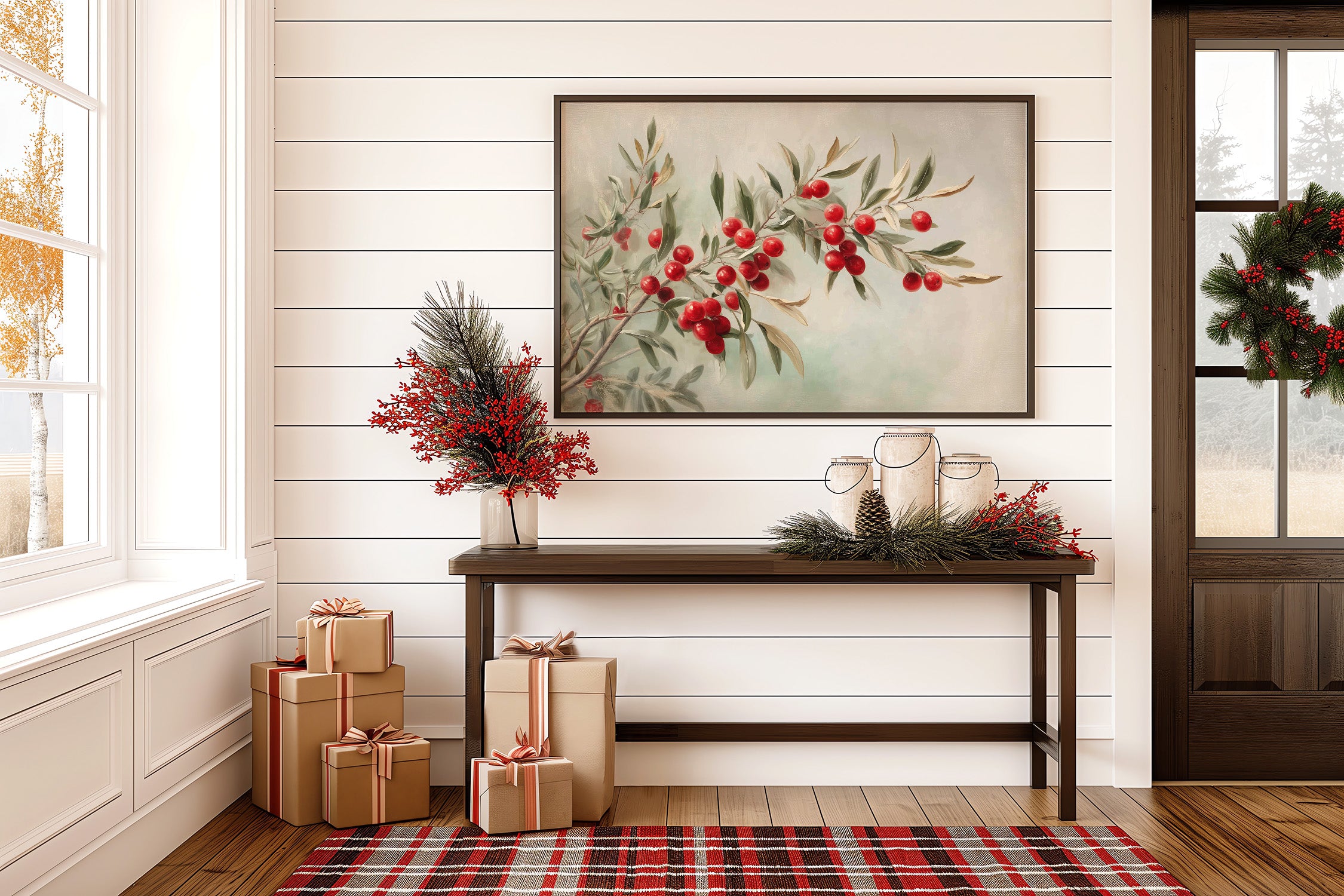 Crimson Berries on Silver Boughs