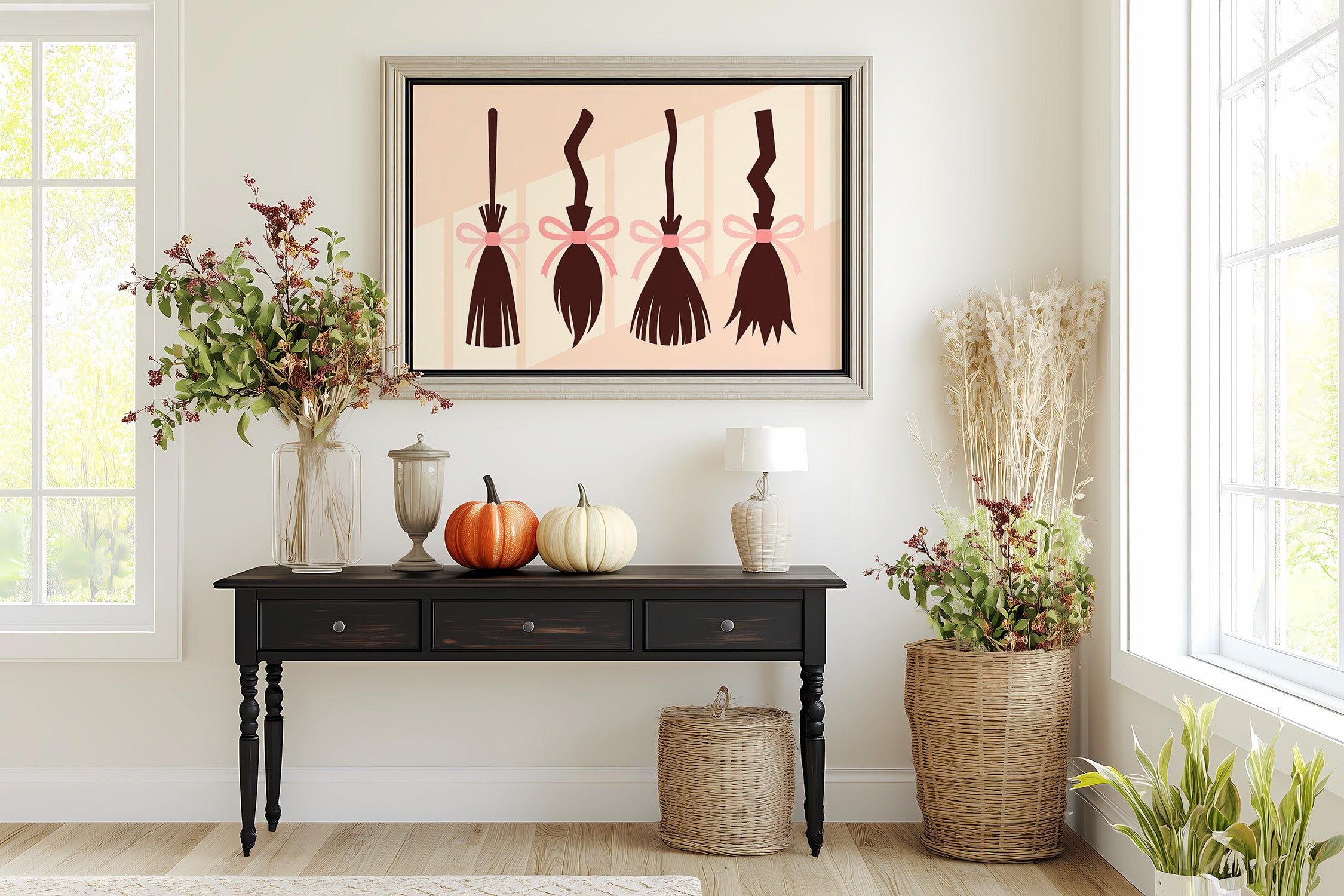 Brooms Tied With Pink Ribbons