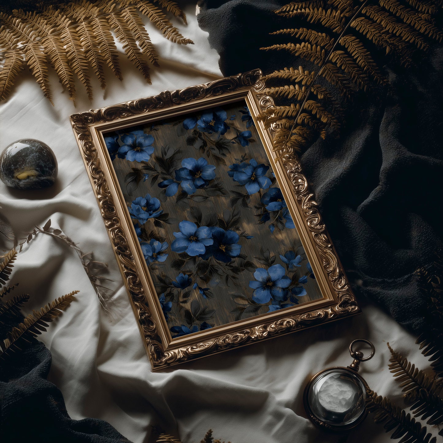 Midnight Blooms Against Golden Wood