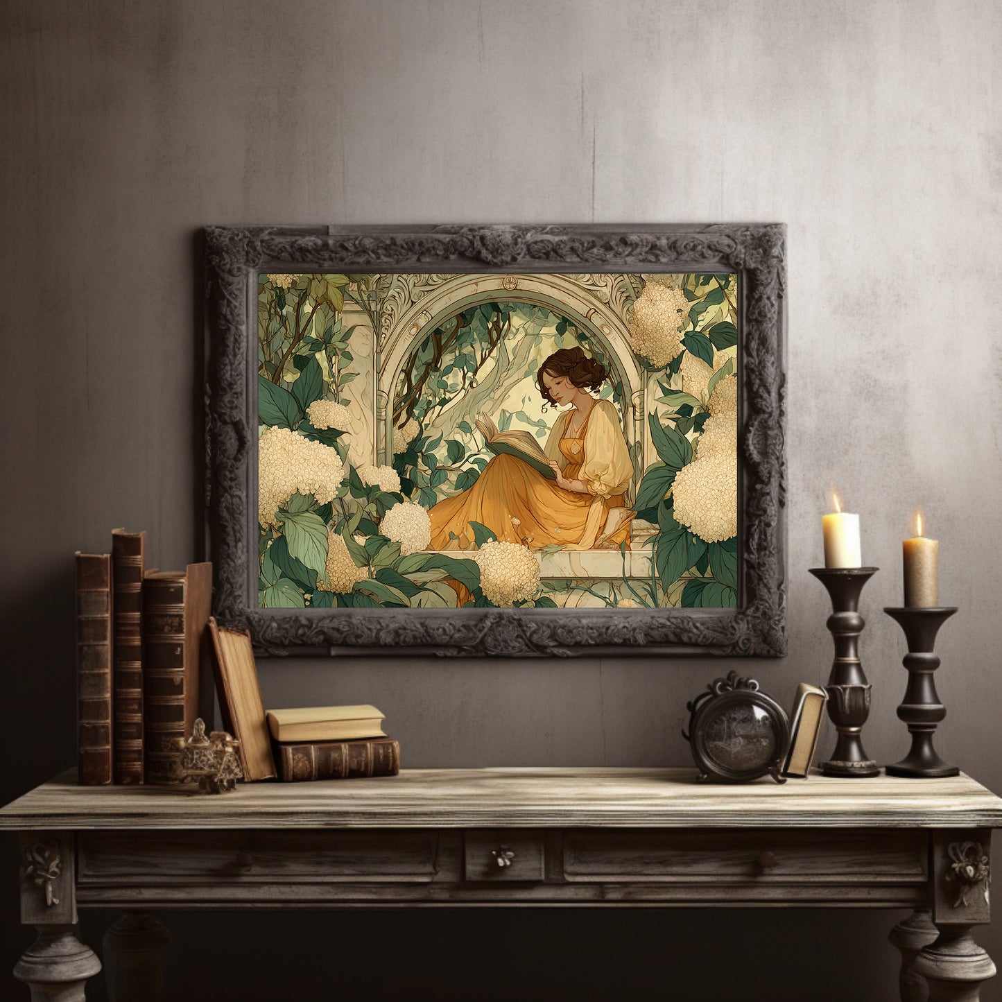 Reading Among Hydrangea Blooms