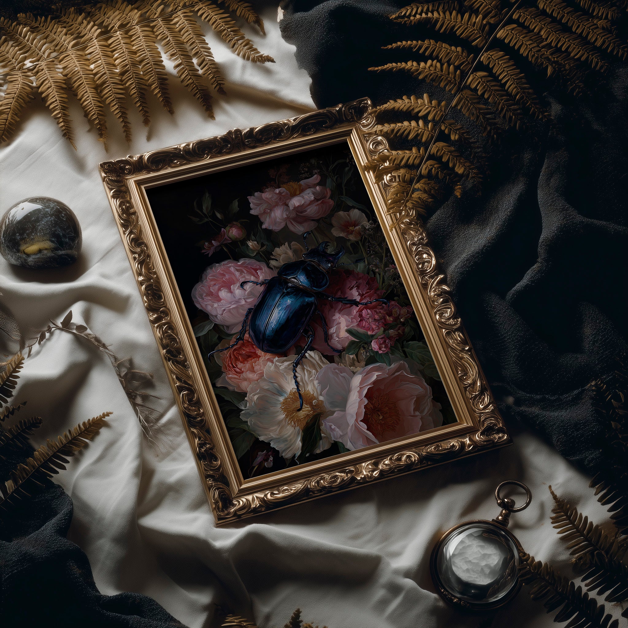 Sapphire Beetle Among Blushing Peonies