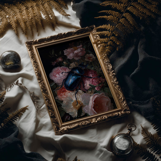 Sapphire Beetle Among Blushing Peonies