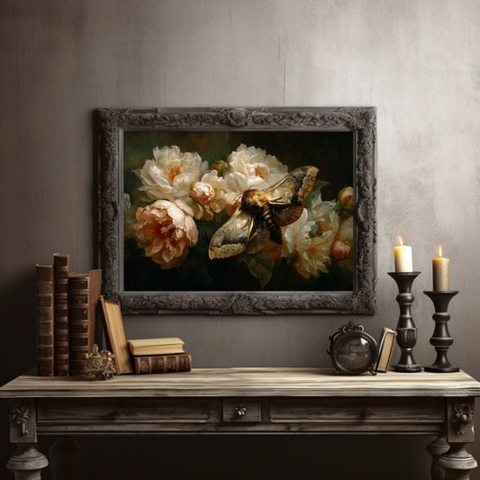 Moth Among Cream Peonies