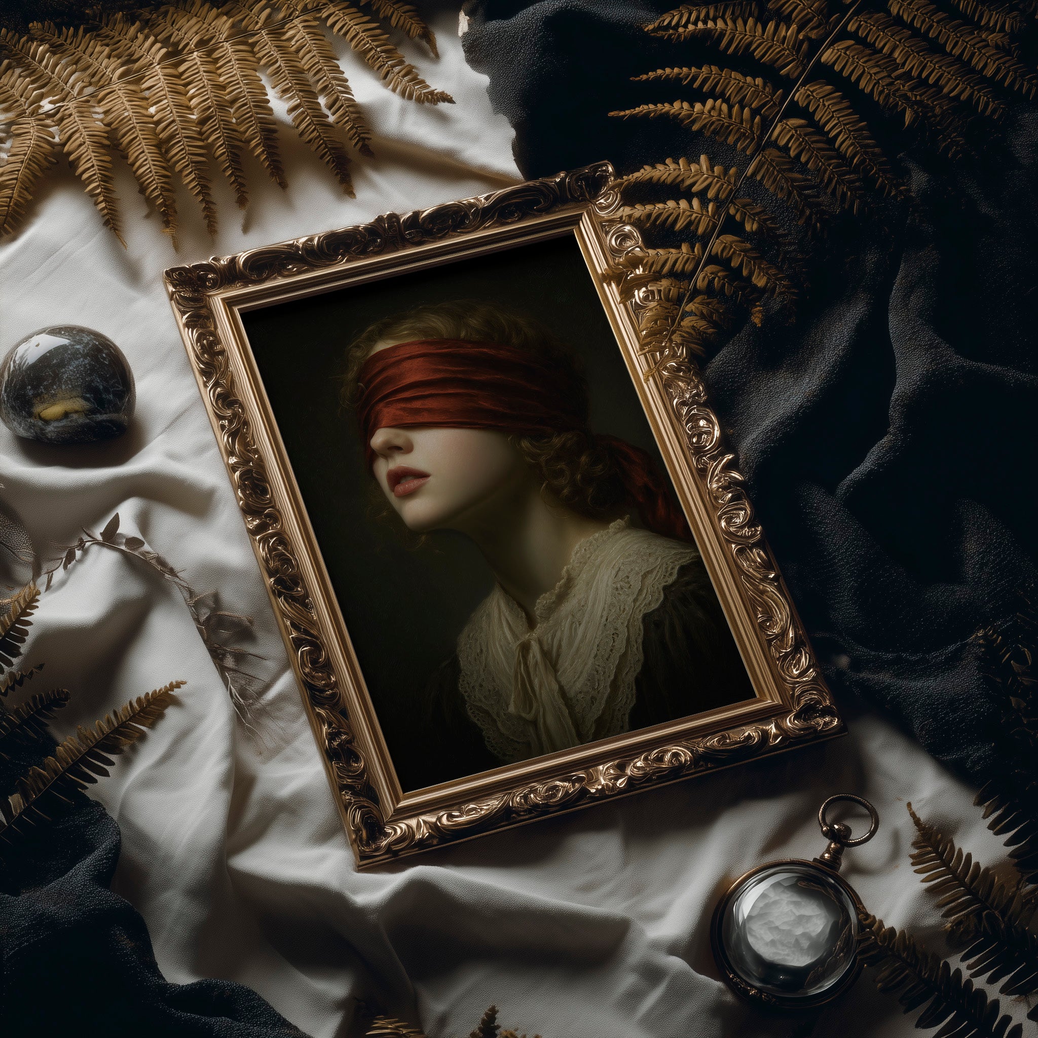 Crimson Blindfold Against Lace Collar