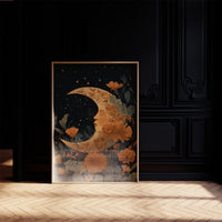 Copper Crescent Among Starlit Petals