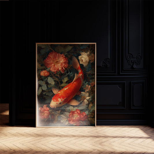 Scarlet Fins Among Coral Peonies