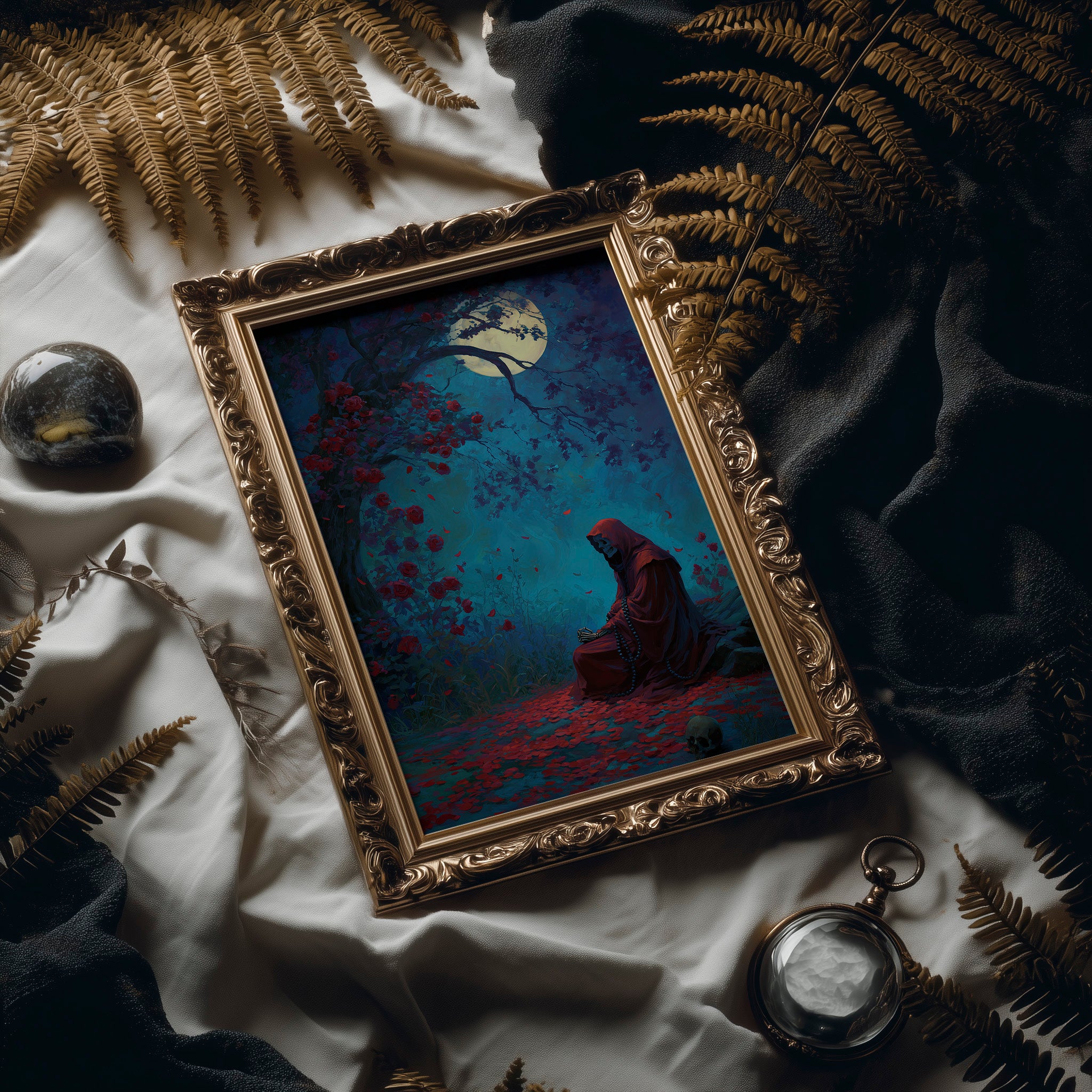 Midnight Prayer Under Crimson Blossoms