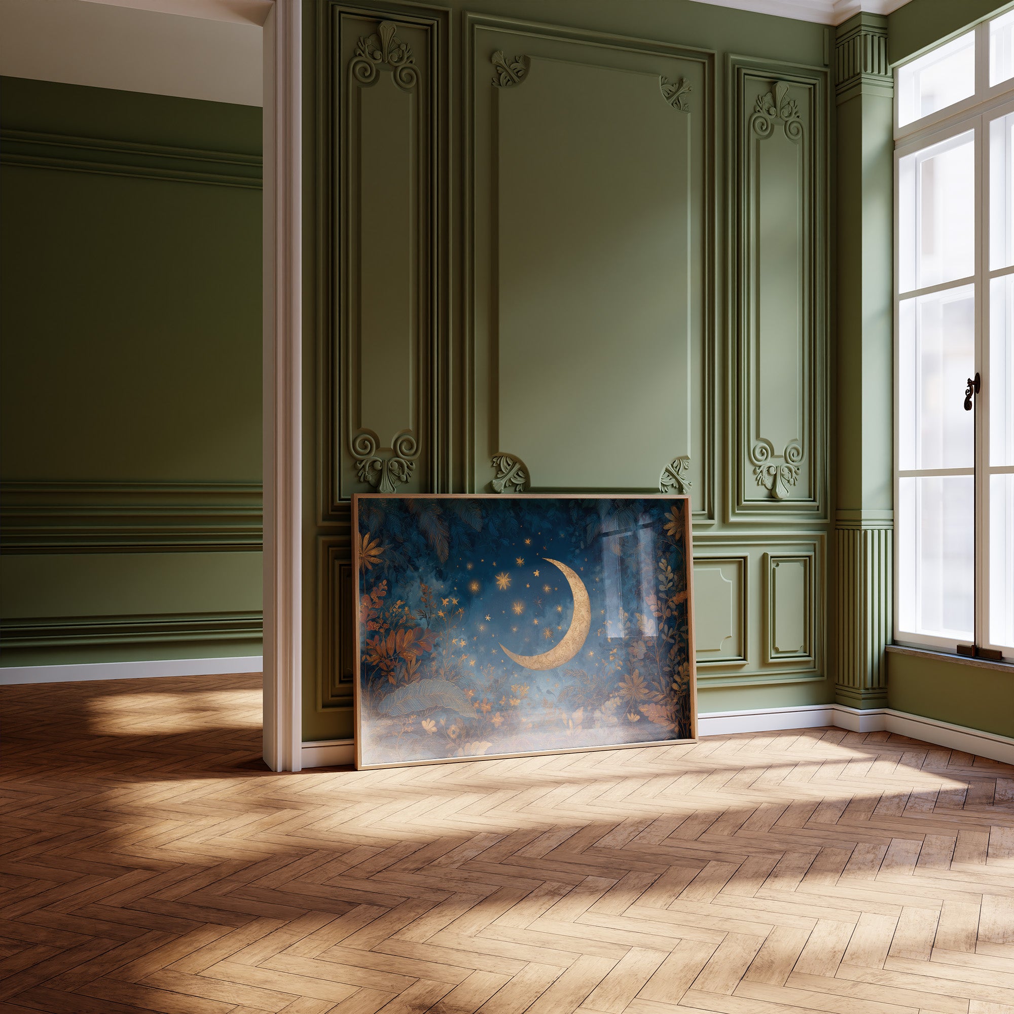 Golden Crescent Among Midnight Blooms