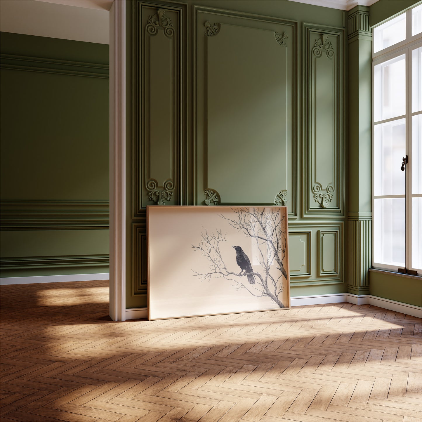 Raven Perches On Winter Branches