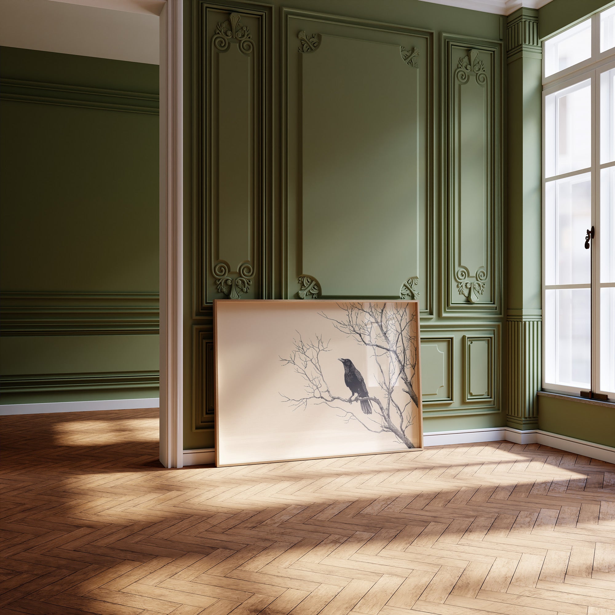 Raven Perches On Winter Branches