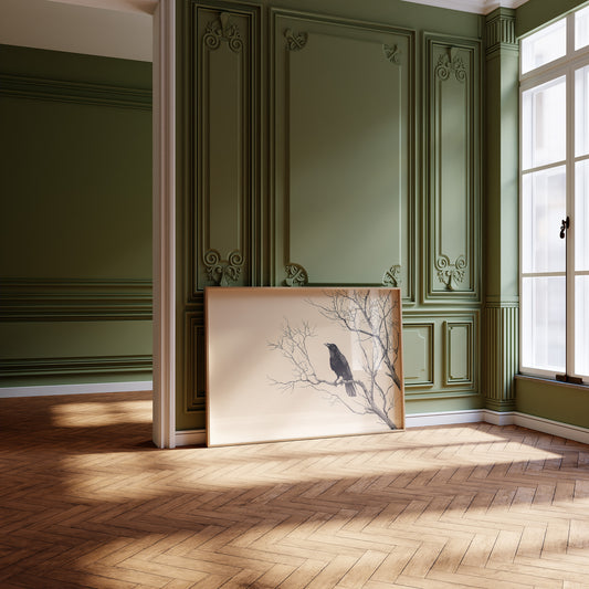 Raven Perches On Winter Branches