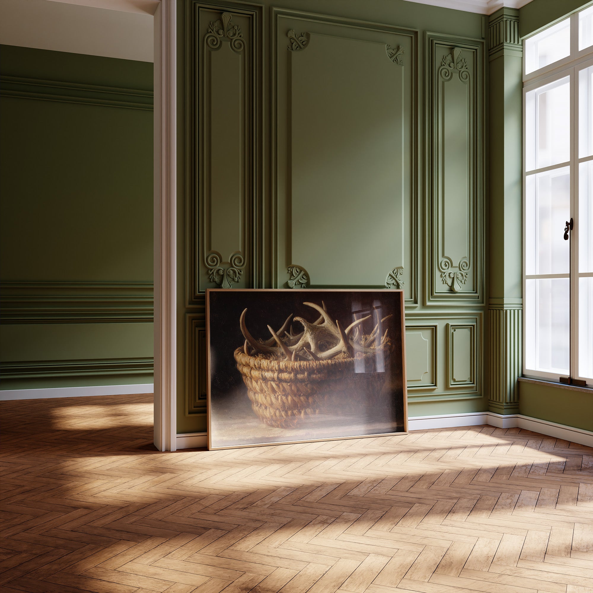 Antlers Gathered In Woven Basket