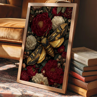 Golden Moth Among Crimson Blooms