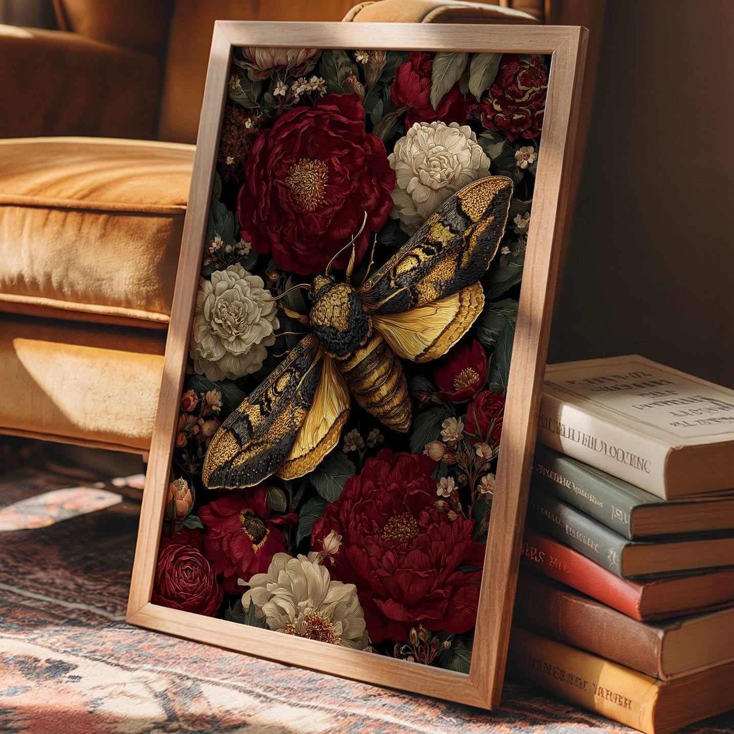 Golden Moth Among Crimson Blooms
