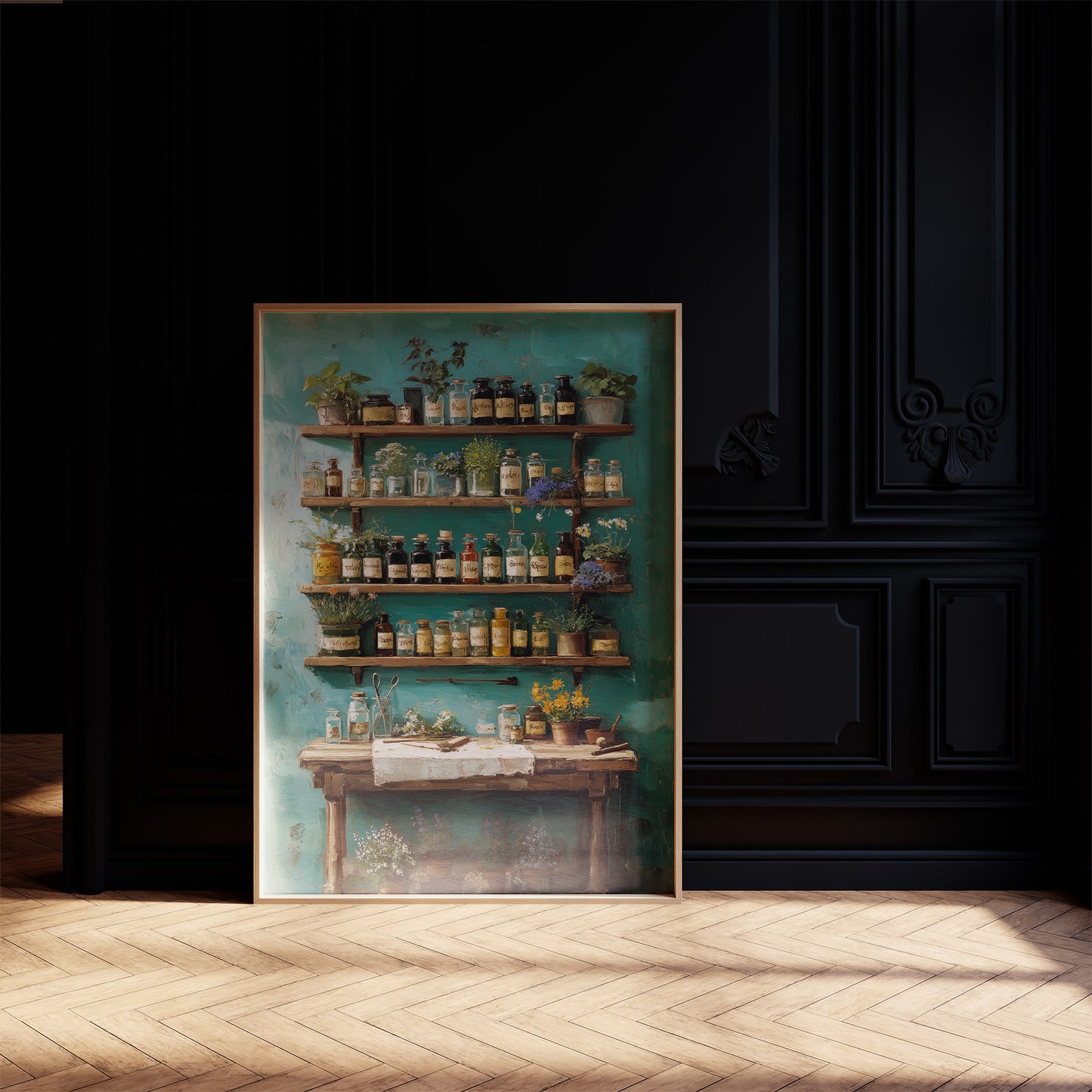 Apothecary Secrets Against Teal Walls