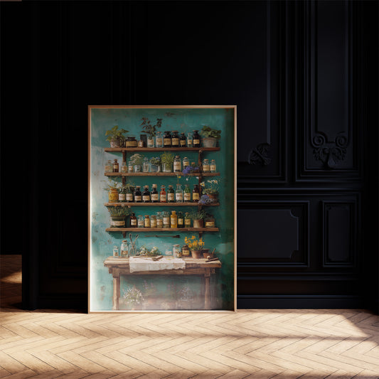 Apothecary Secrets Against Teal Walls