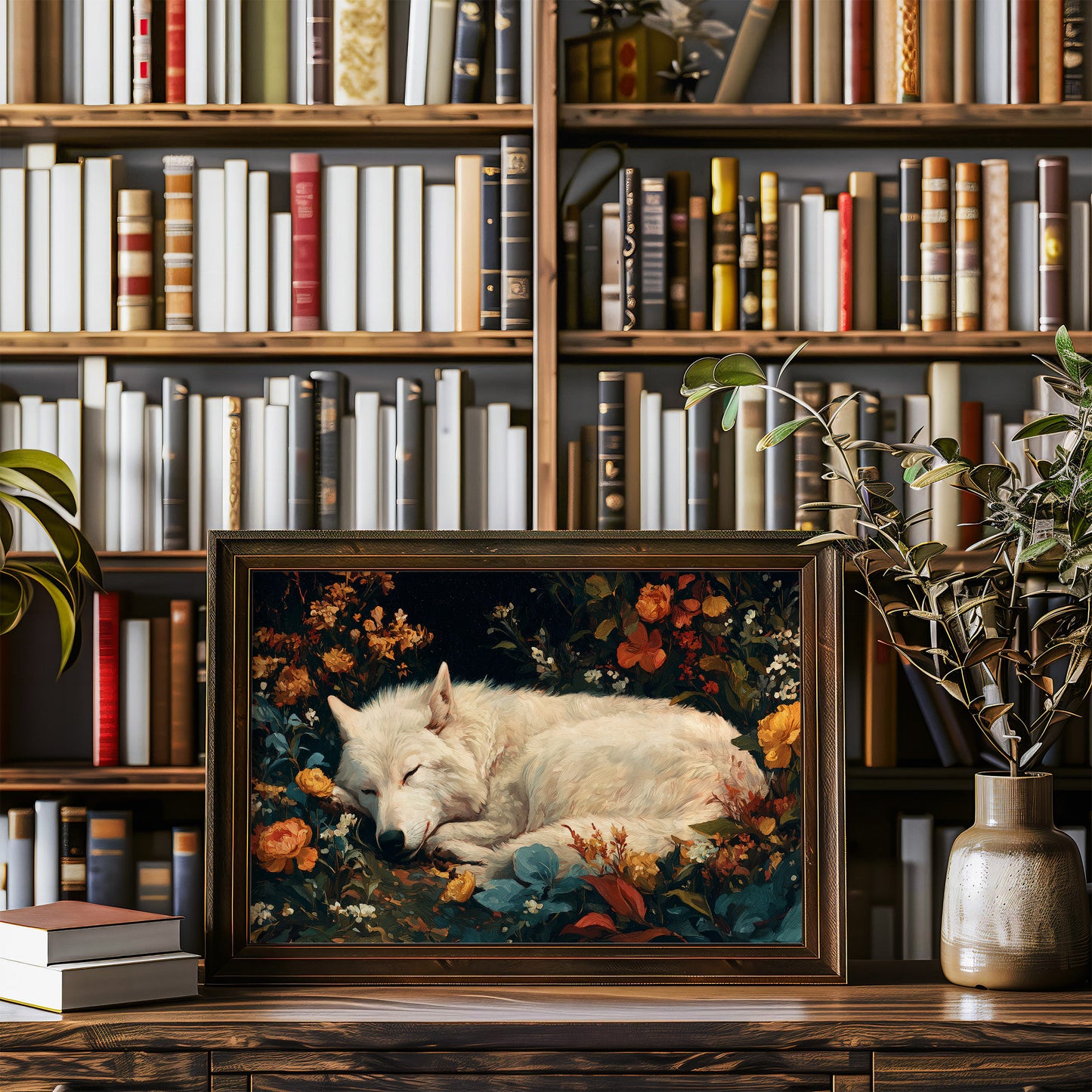 White Wolf Among Autumn Blooms