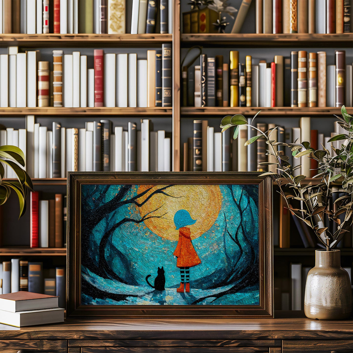 Child And Cat Beneath Glowing Moon