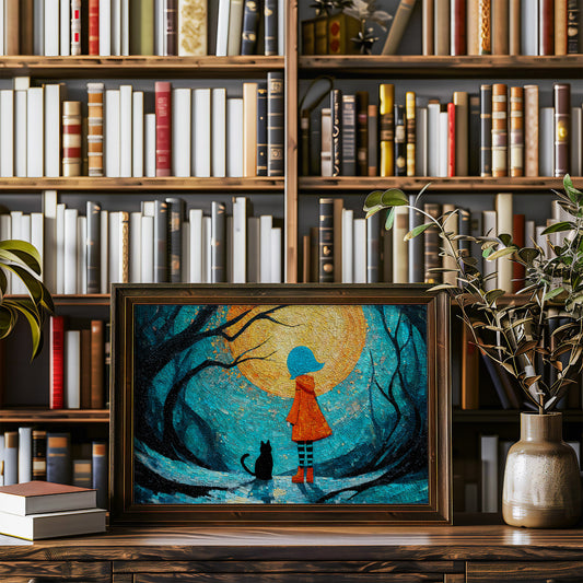 Child And Cat Beneath Glowing Moon