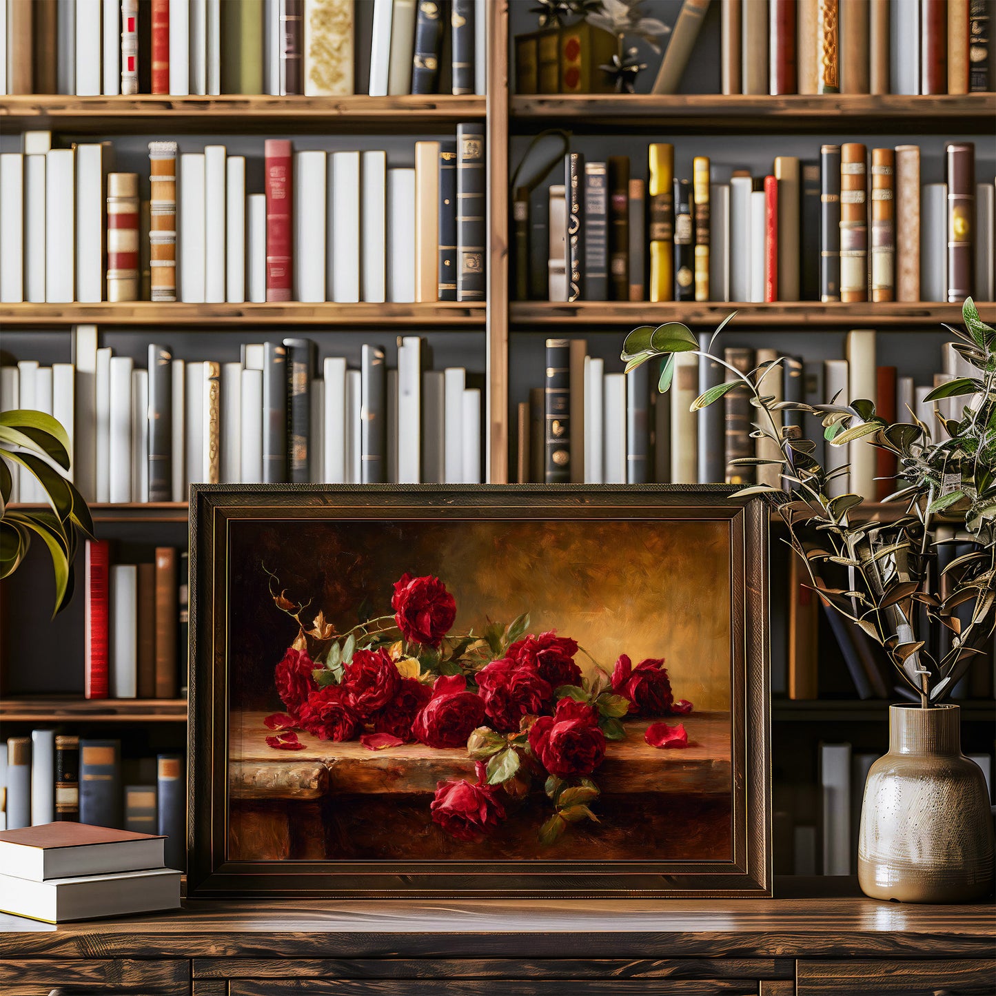 Crimson Blooms Among Literary Treasures