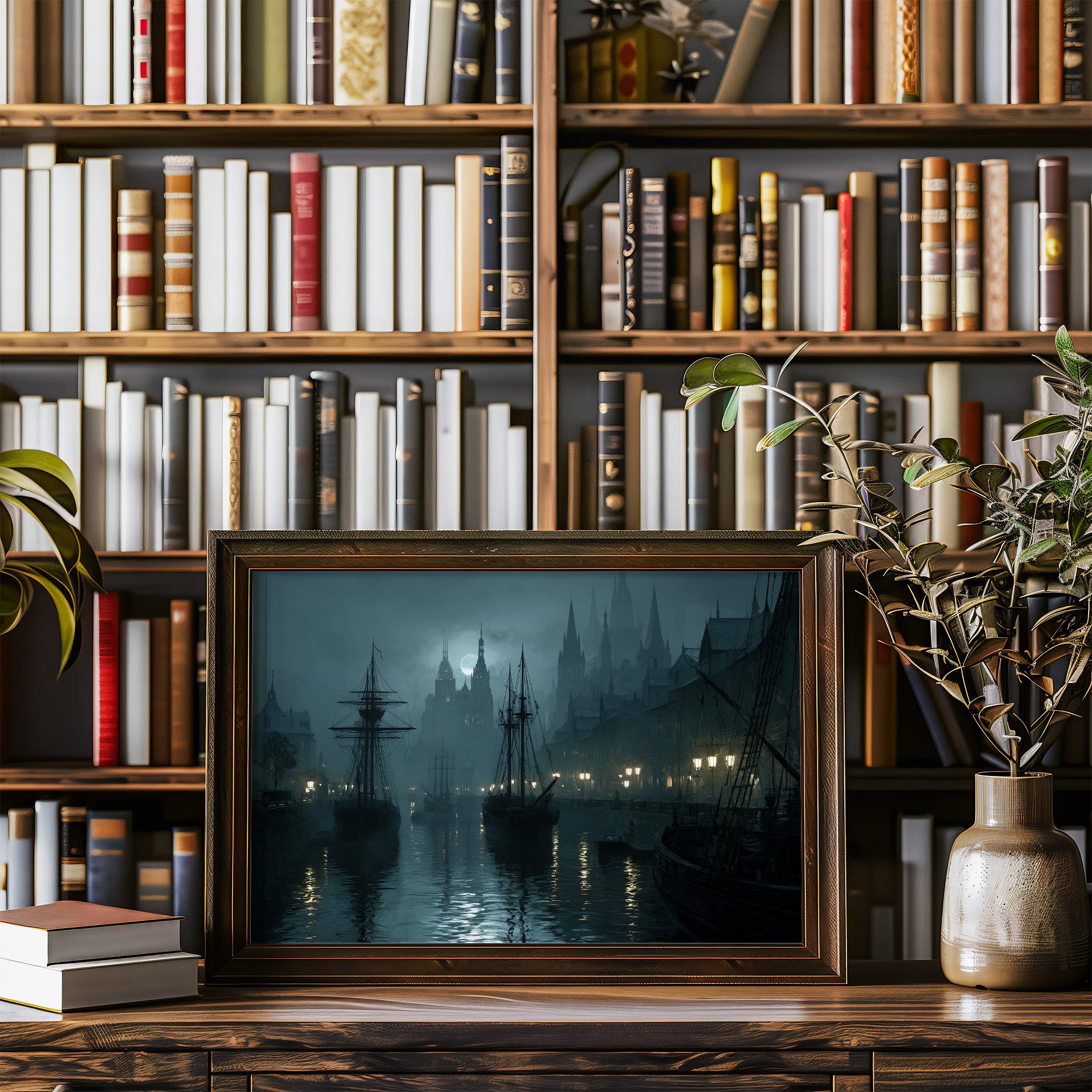 Harbor Lights Beyond Foggy Spires