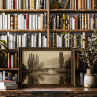 Foggy Bridge Among Tall Poplars