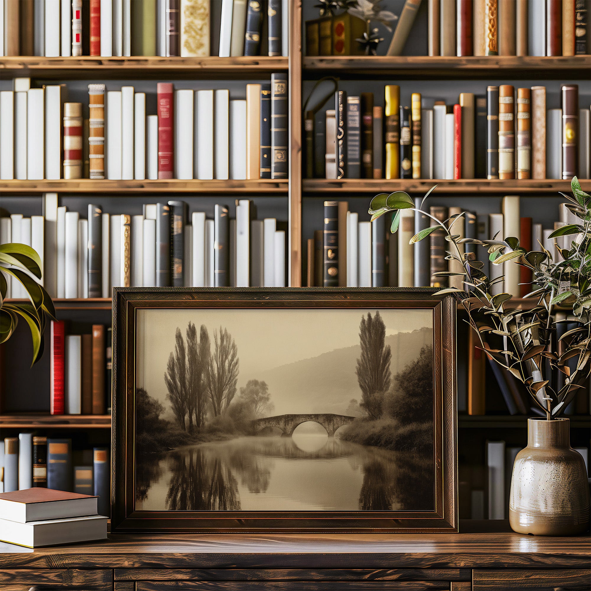 Foggy Bridge Among Tall Poplars