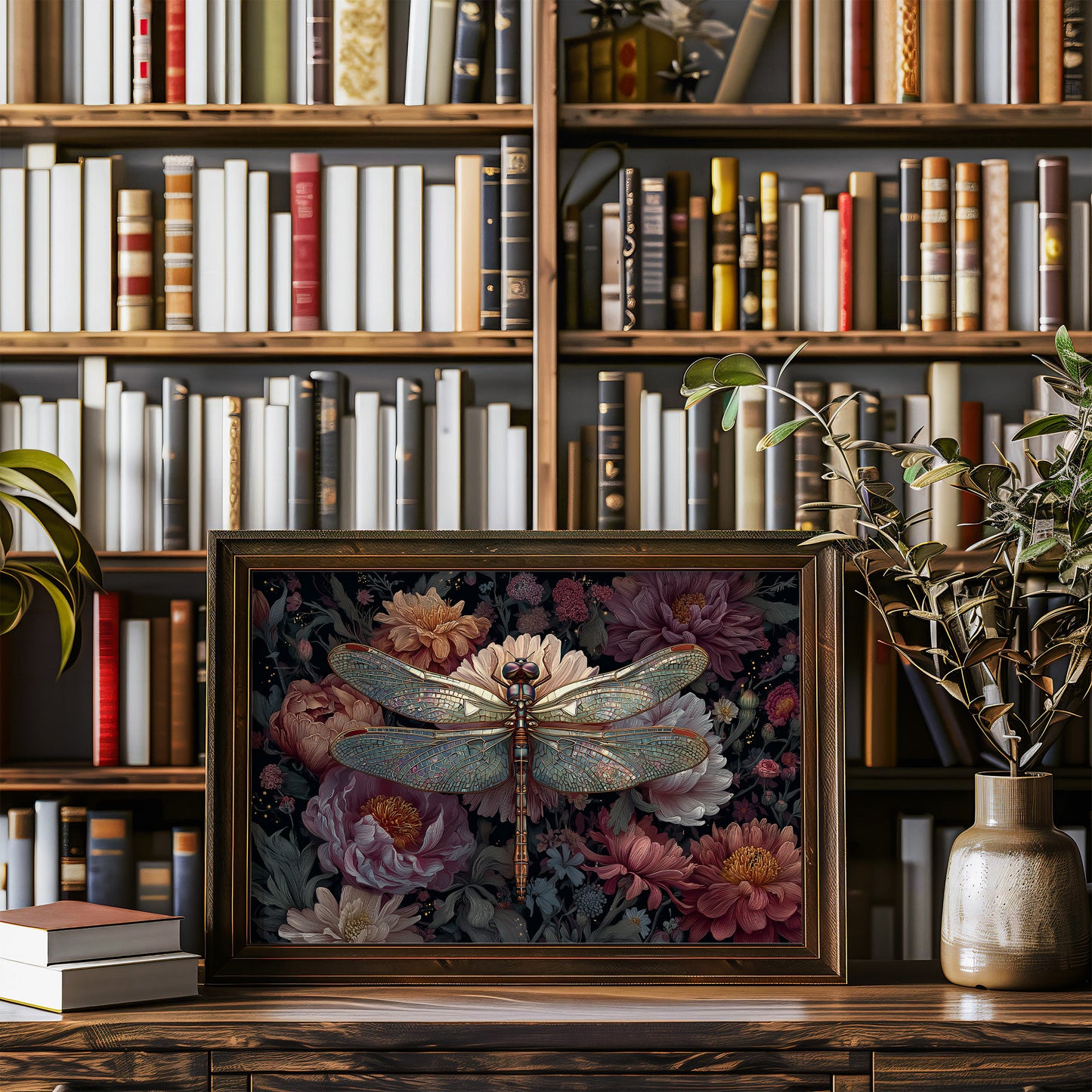 Iridescent Wings Among Blooming Peonies