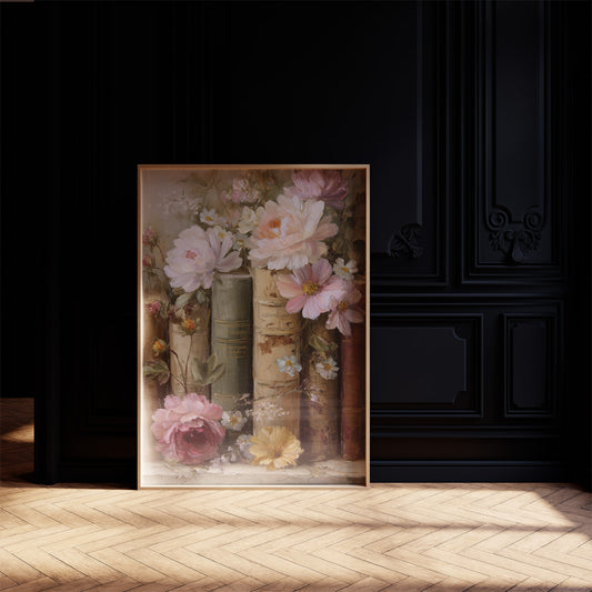 Peonies Rest Among Vintage Volumes