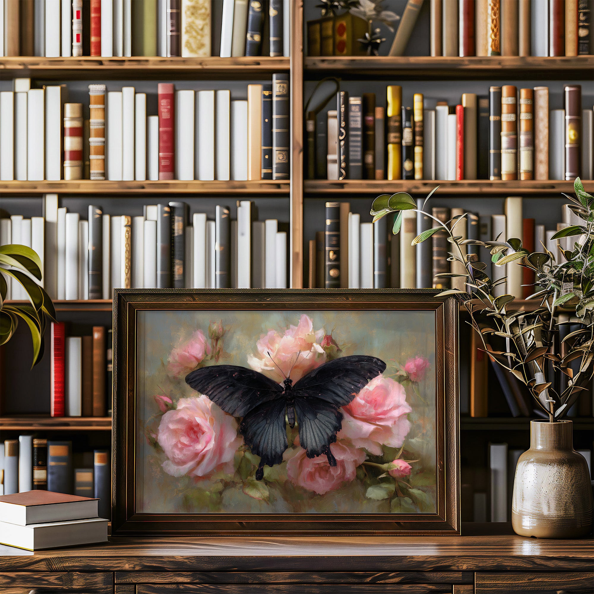 Dark Wings Among Blush Roses