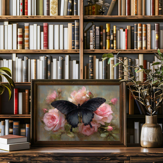 Dark Wings Among Blush Roses