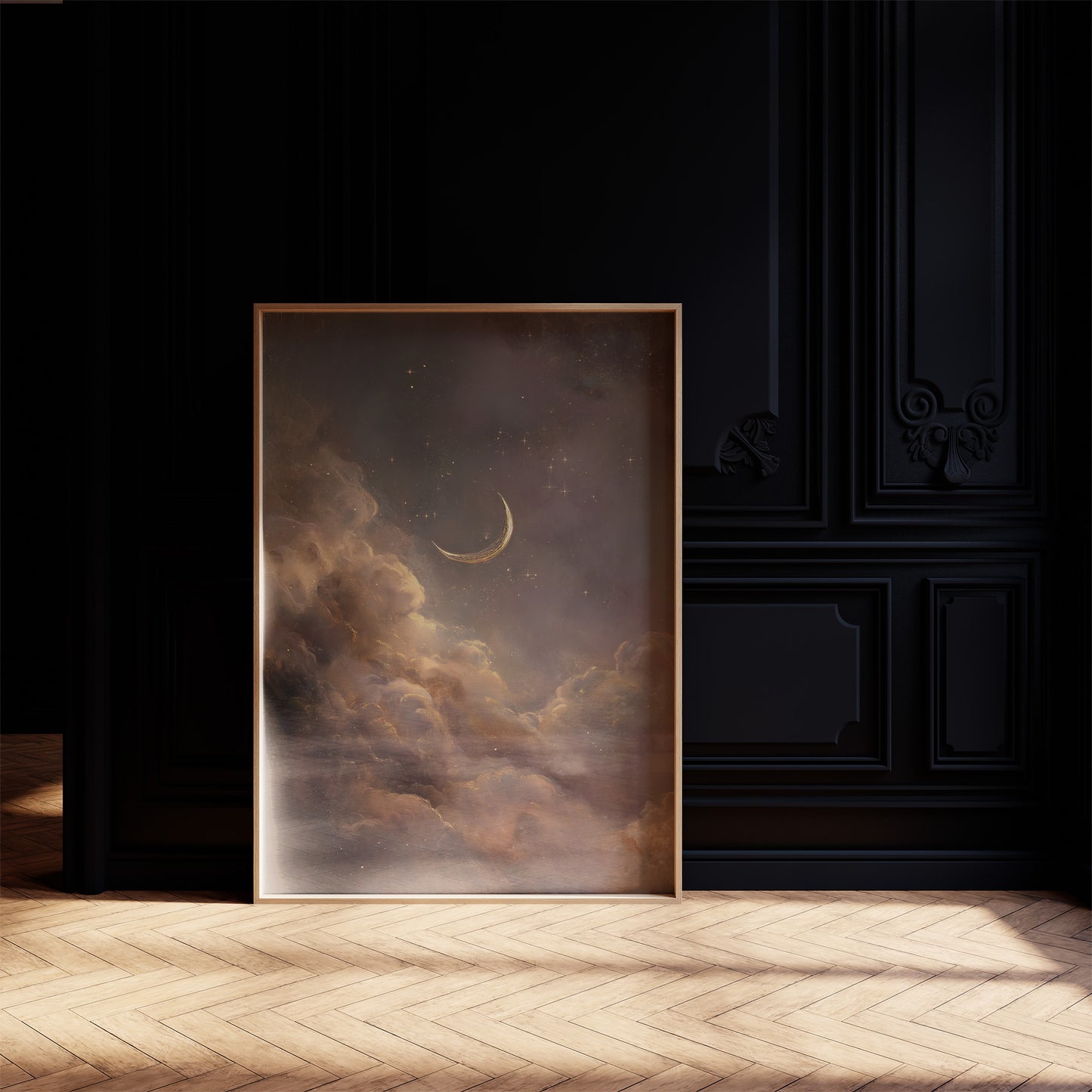 Crescent Floats Through Amber Clouds