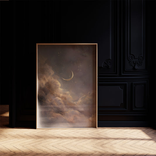 Crescent Floats Through Amber Clouds