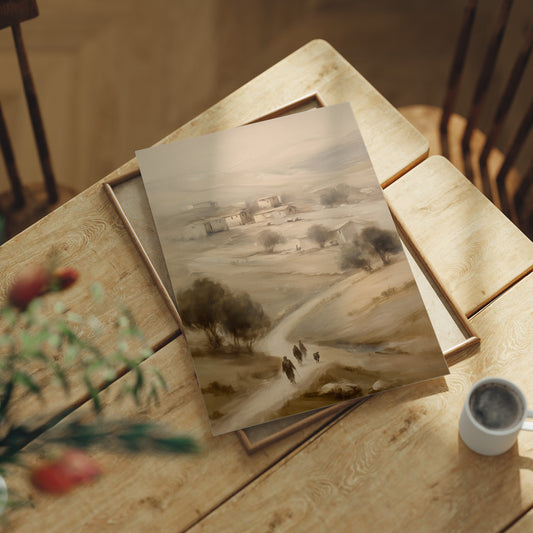 Travelers On Misty Village Path