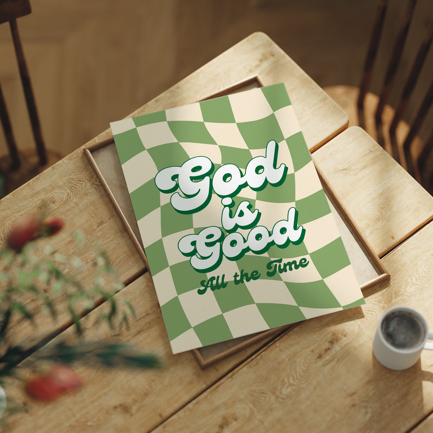 Retro Affirmations Wave Through Checkered Green