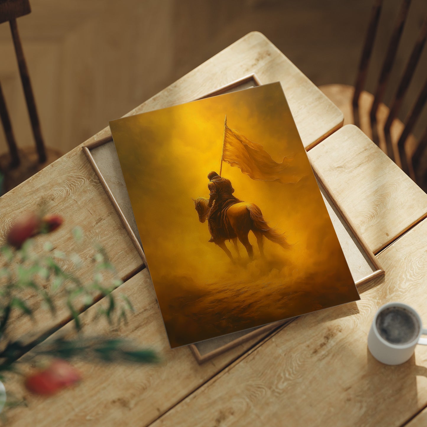 Golden Vanguard Through Amber Mist